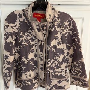 Shanghai Tang Dark and Light Grey Floral Leather Trim Blazer